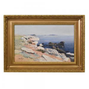 ANTIQUE PAINTINGS, SEA PAINTINGS, SEASCAPE WITH COAST, FRENCH RIVIERA, OIL ON CANVAS, 20TH CENTURY PAINTERS. (QM524)